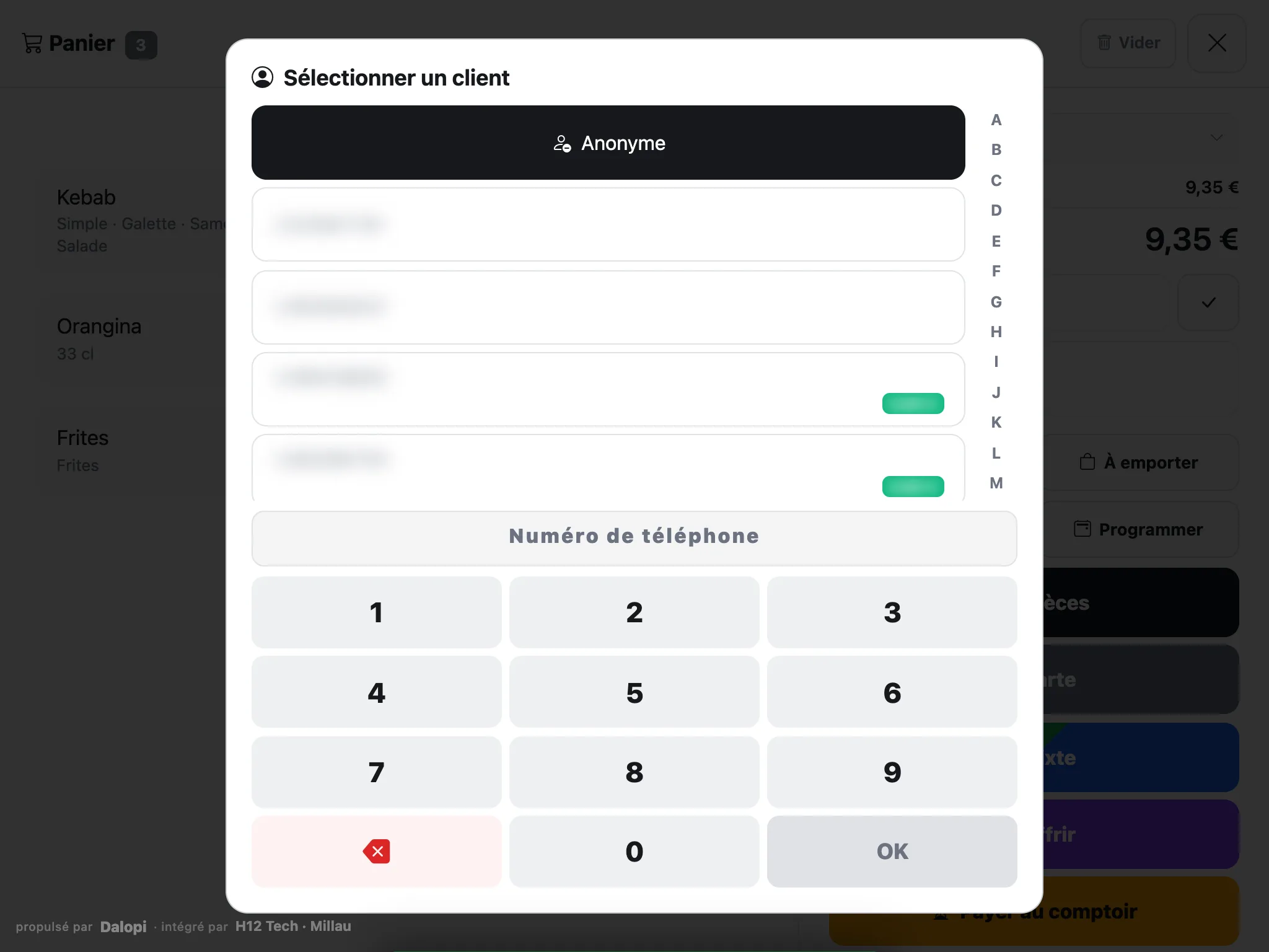 Sélectionner un client par son numéro (noms et numéros floutés)