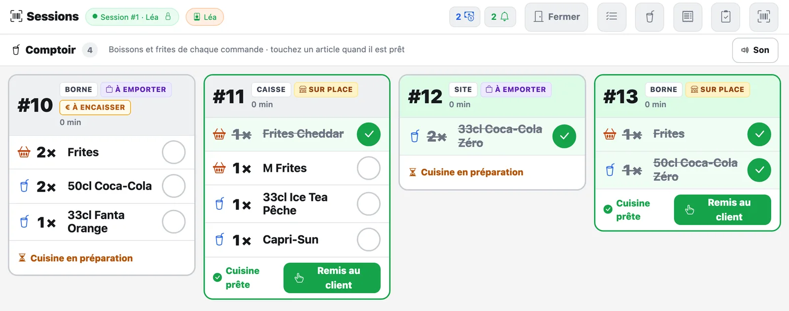 L'écran Comptoir : une carte par commande, avec ses frites et ses boissons à cocher