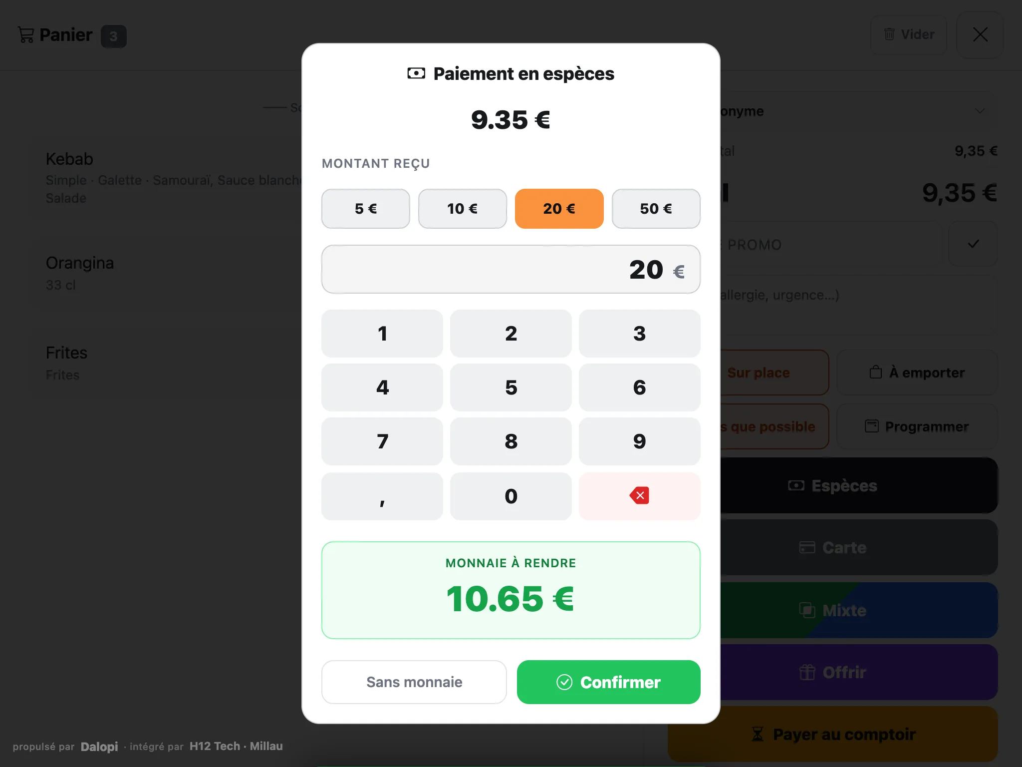 Paiement en espèces : 20 € reçus, la monnaie à rendre s'affiche