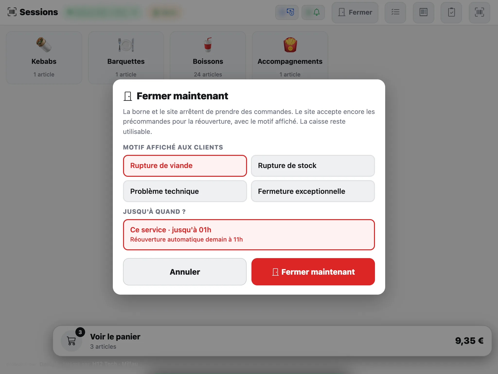 La fenêtre « Fermer maintenant » de la caisse