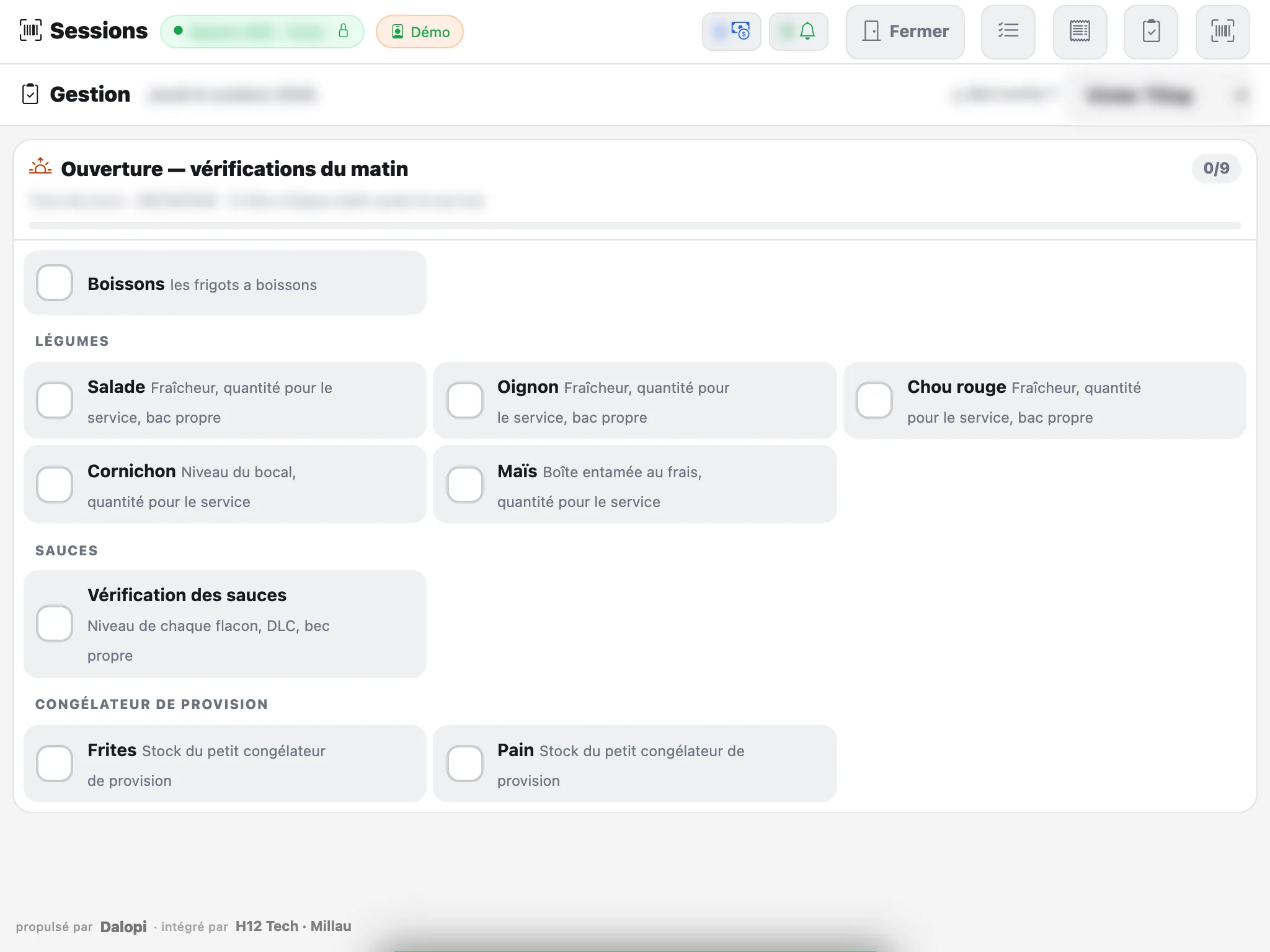 L'écran Gestion de la caisse : la checklist d'ouverture du matin