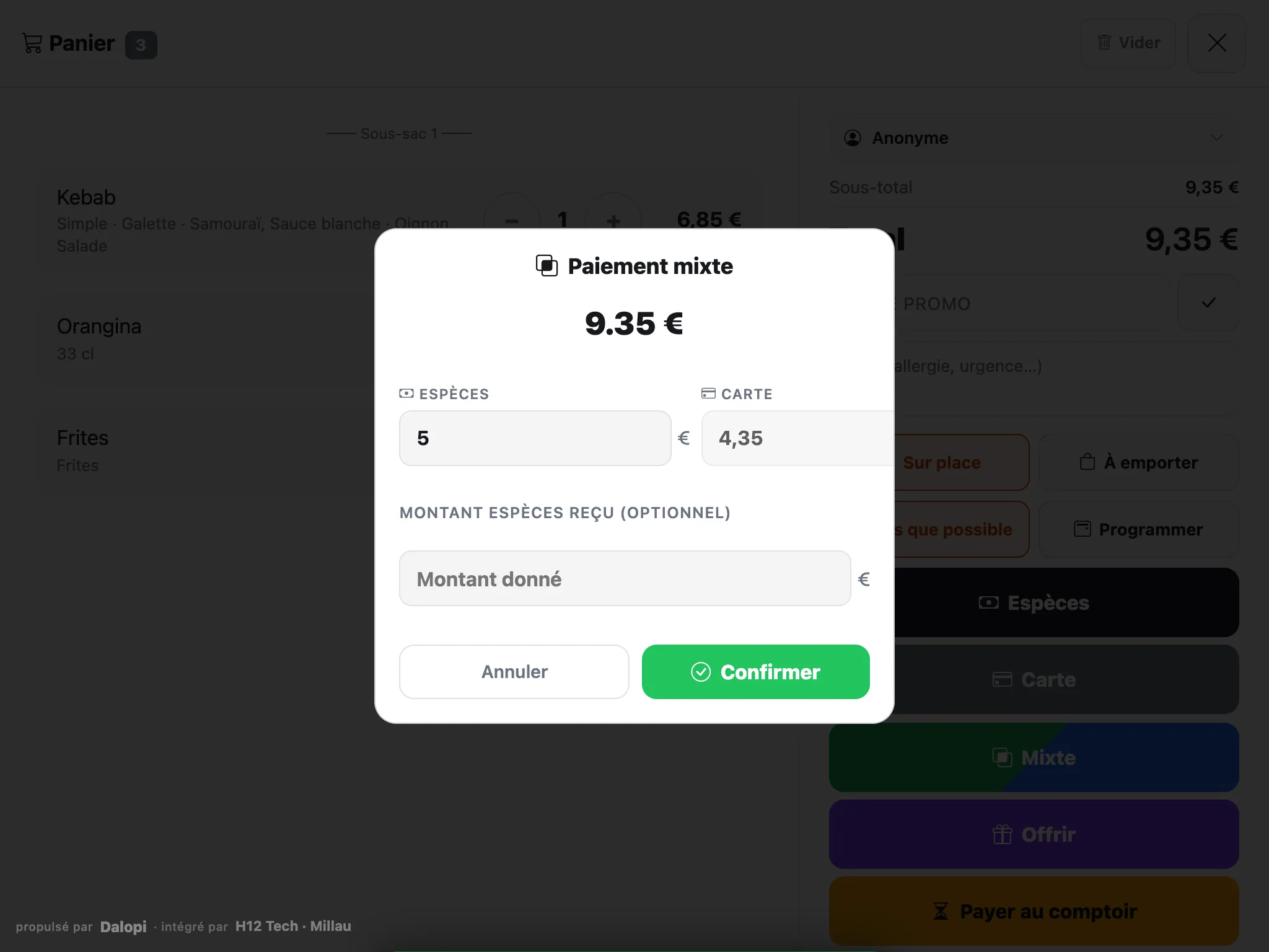 Paiement mixte : 5 € en espèces, 4,35 € par carte