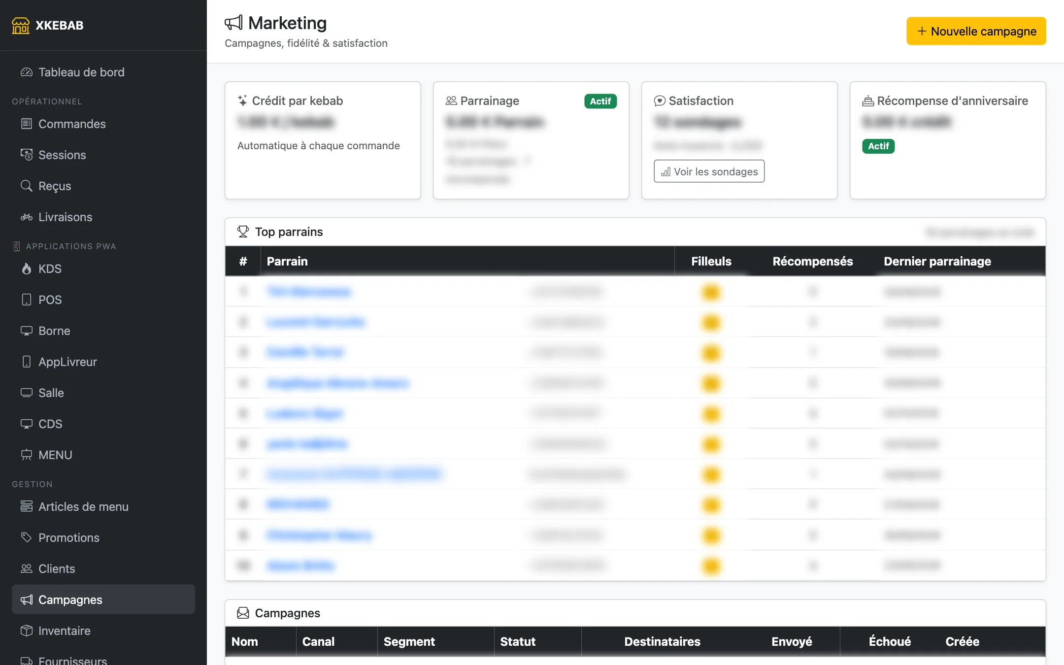 La page Marketing : fidélité, parrainage, satisfaction, campagnes (noms et chiffres floutés)
