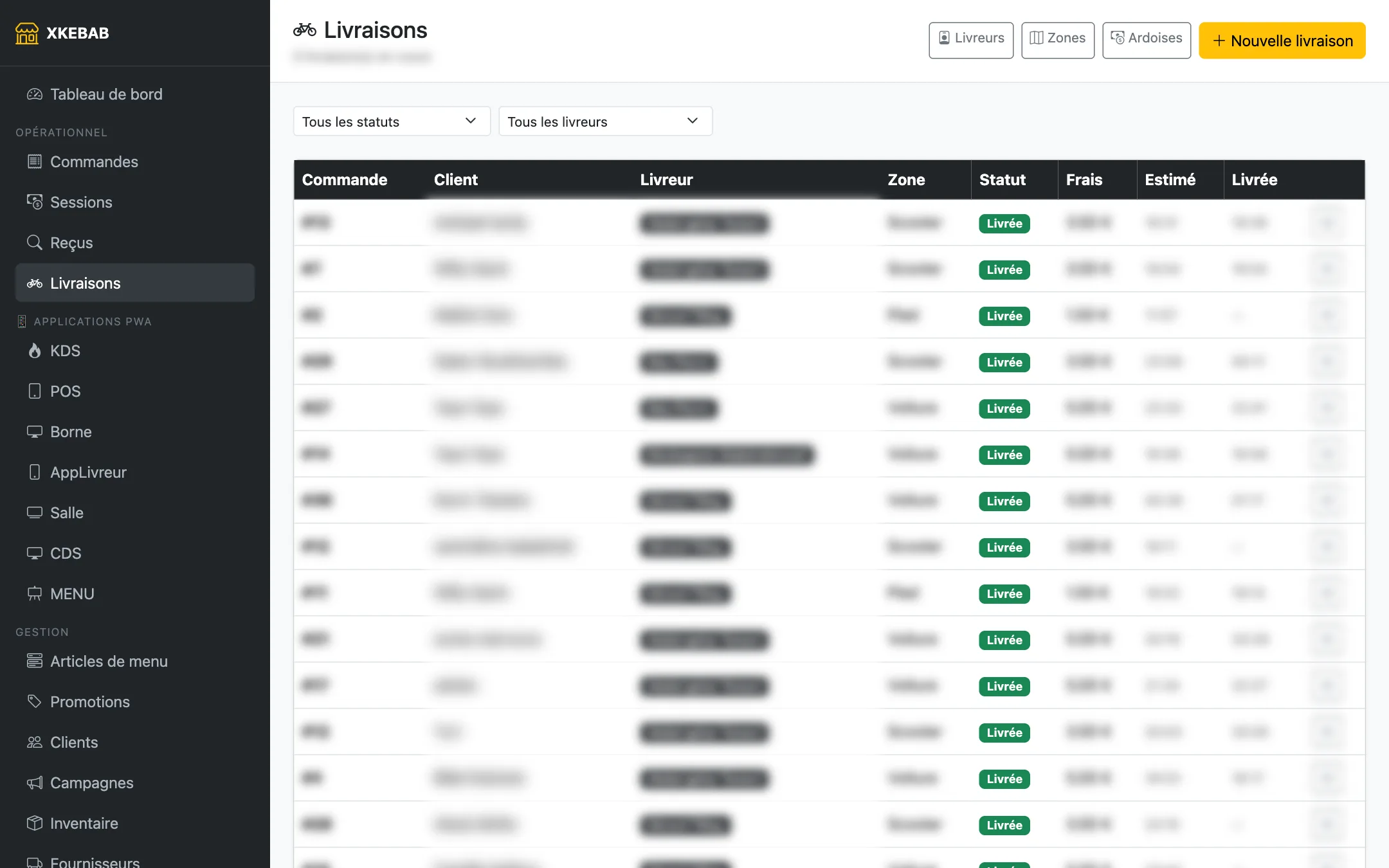 La liste des livraisons (noms et adresses floutés)