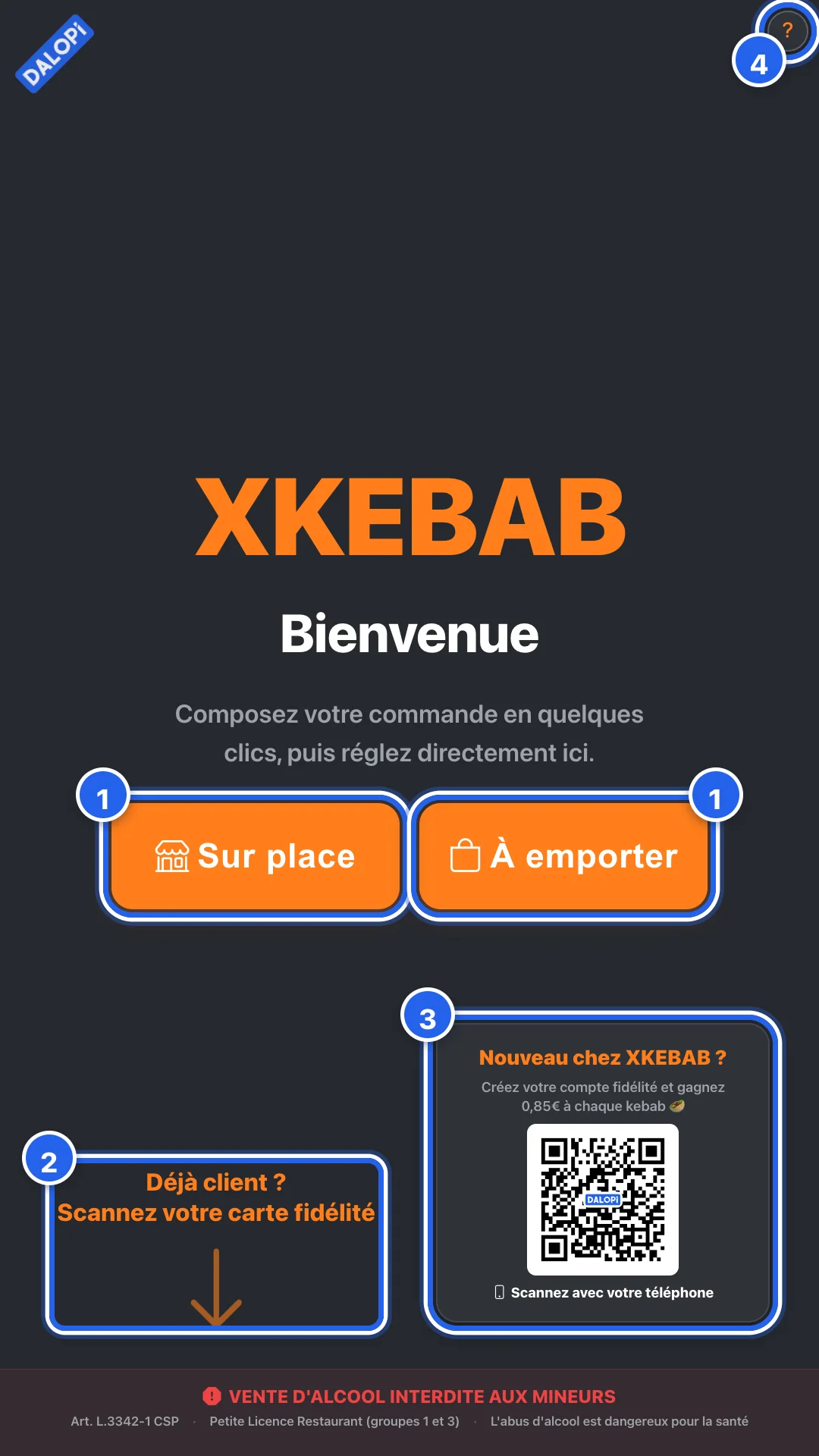L'accueil de la borne : sur place ou à emporter, carte fidélité, création de compte, aide