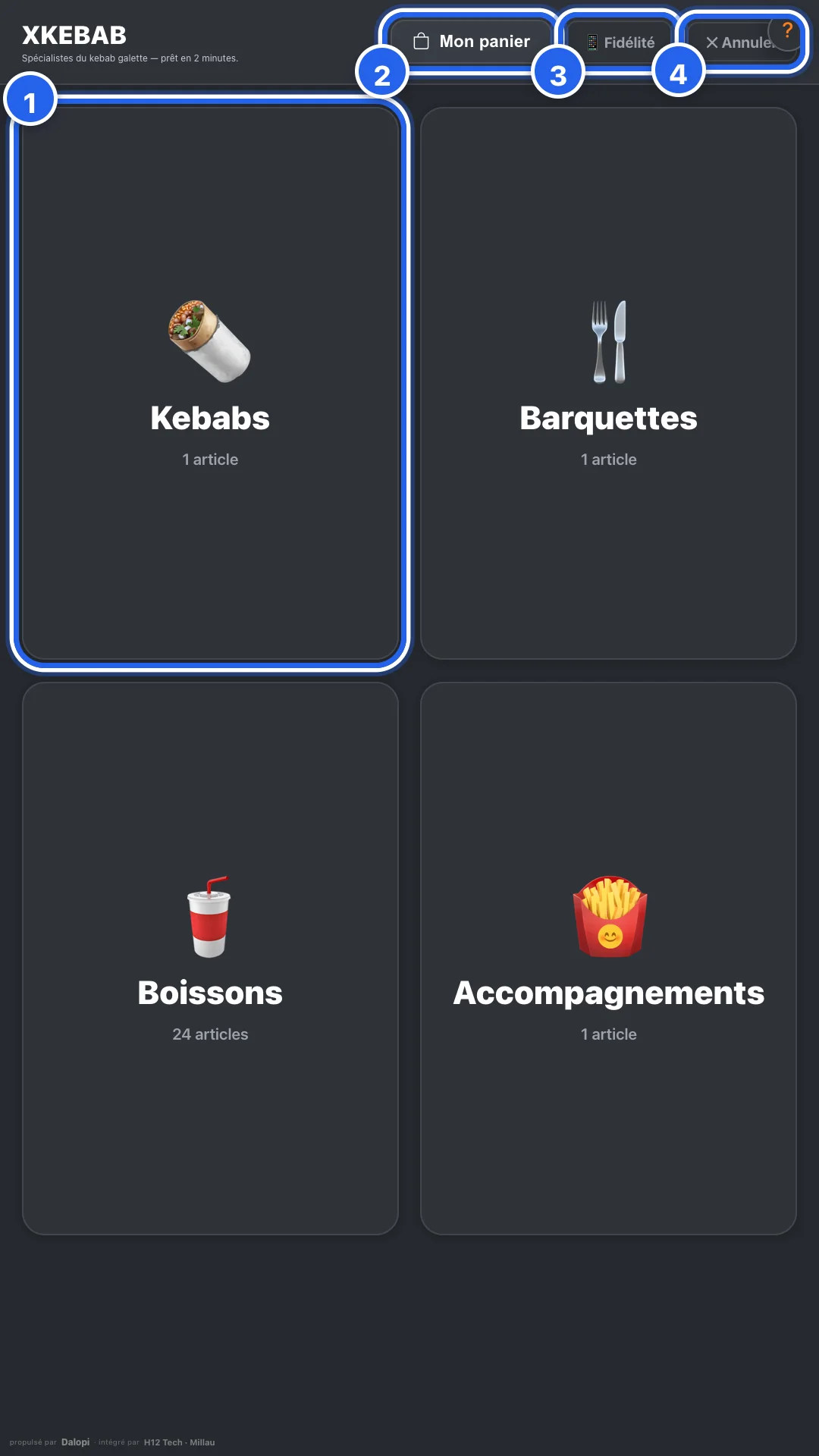 Les catégories de la carte à la borne