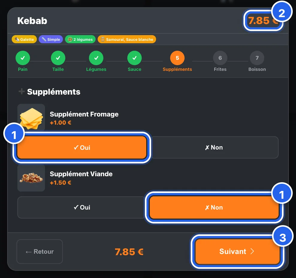Étape « Suppléments » : oui ou non pour chaque supplément