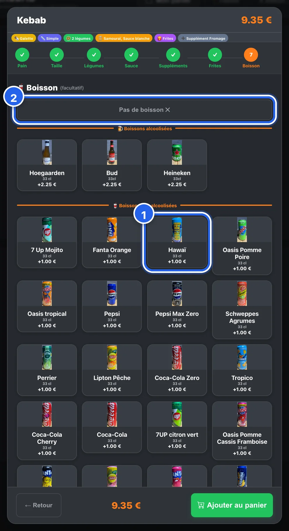 Étape « Boisson » : toutes les boissons au prix formule