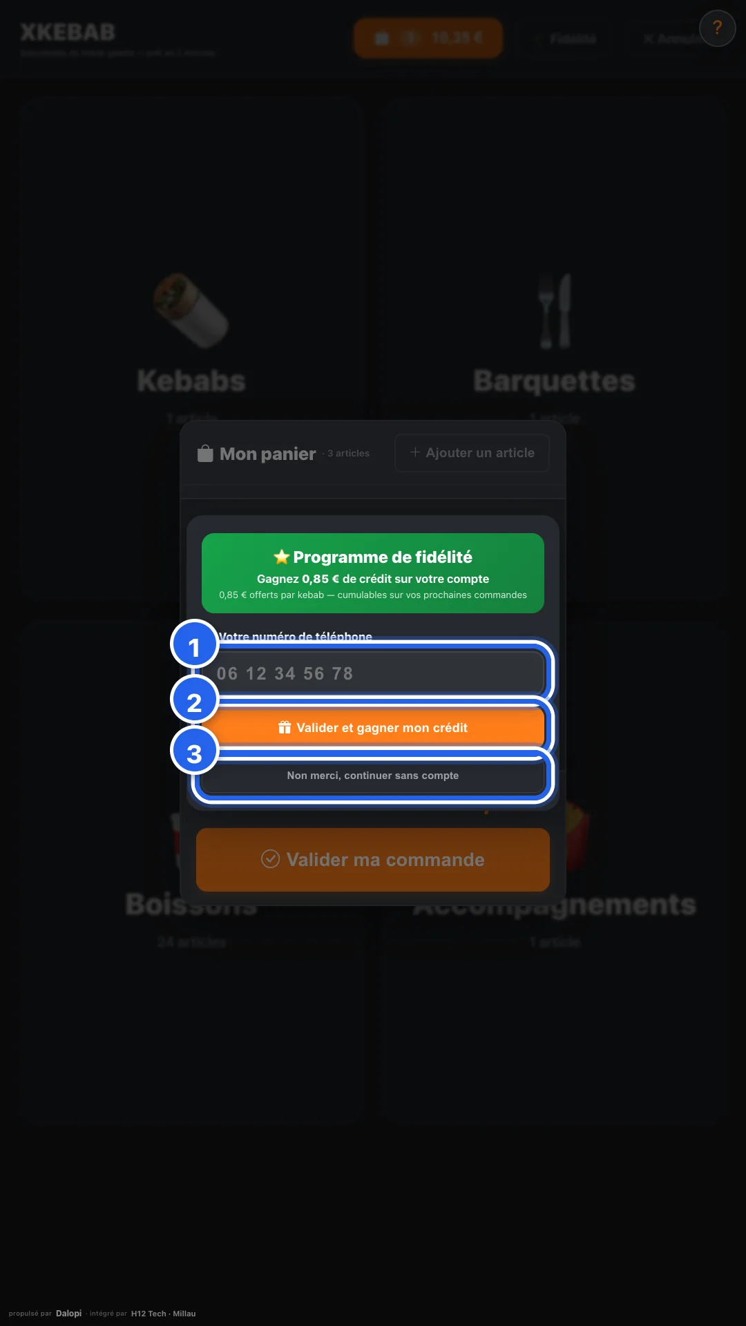 La fenêtre fidélité : le numéro de téléphone, ou continuer sans compte
