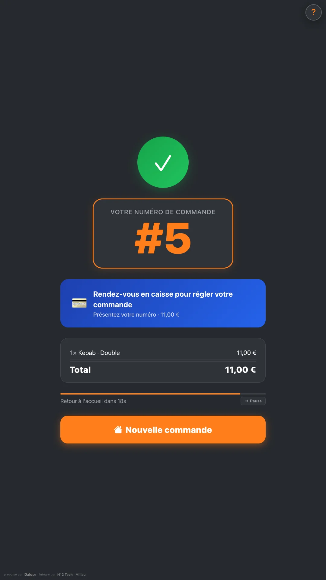 Commande à régler en caisse : le client présente son numéro au comptoir