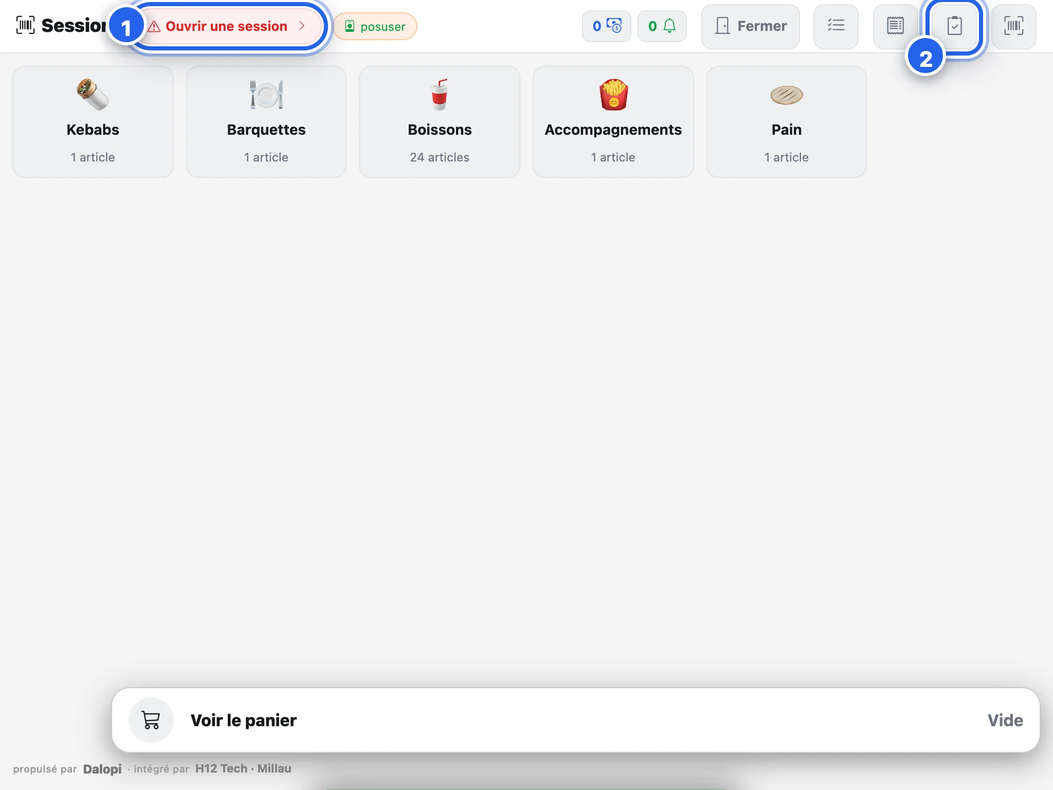 Sans session ouverte, le badge rouge « Ouvrir une session »
