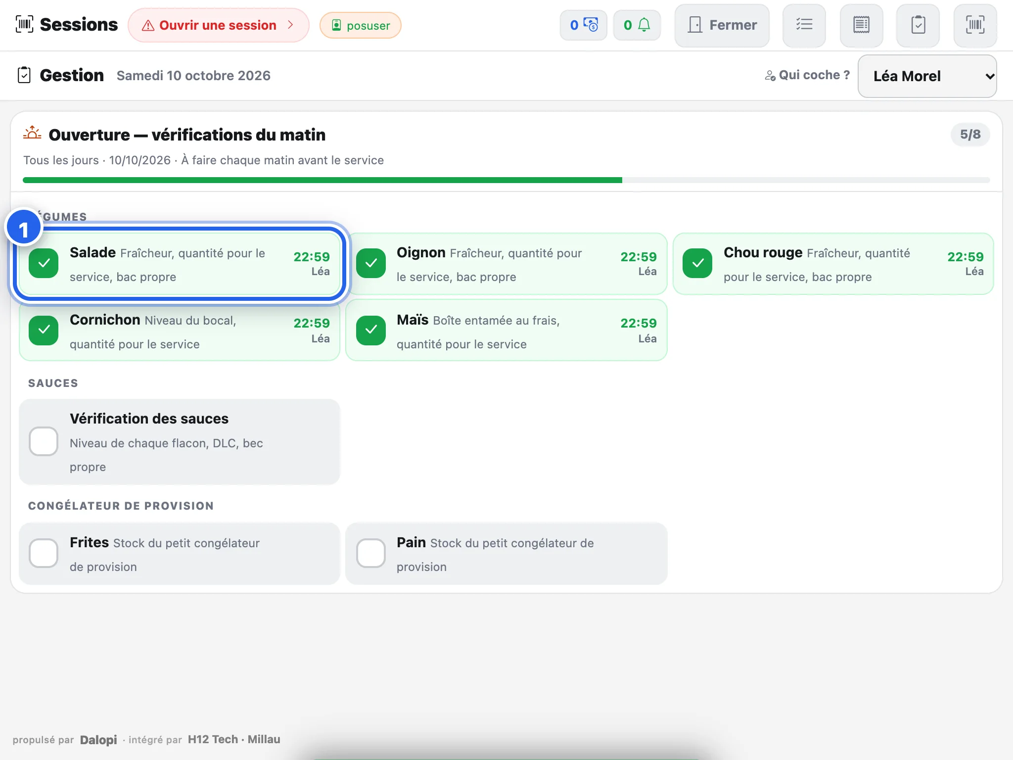 La checklist en cours, avec la progression