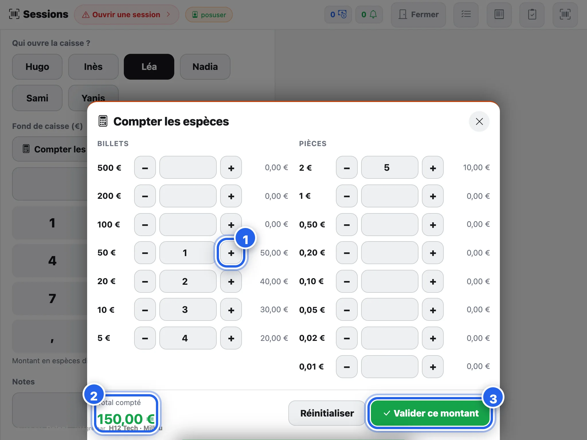 Compter les espèces : billets et pièces, total compté