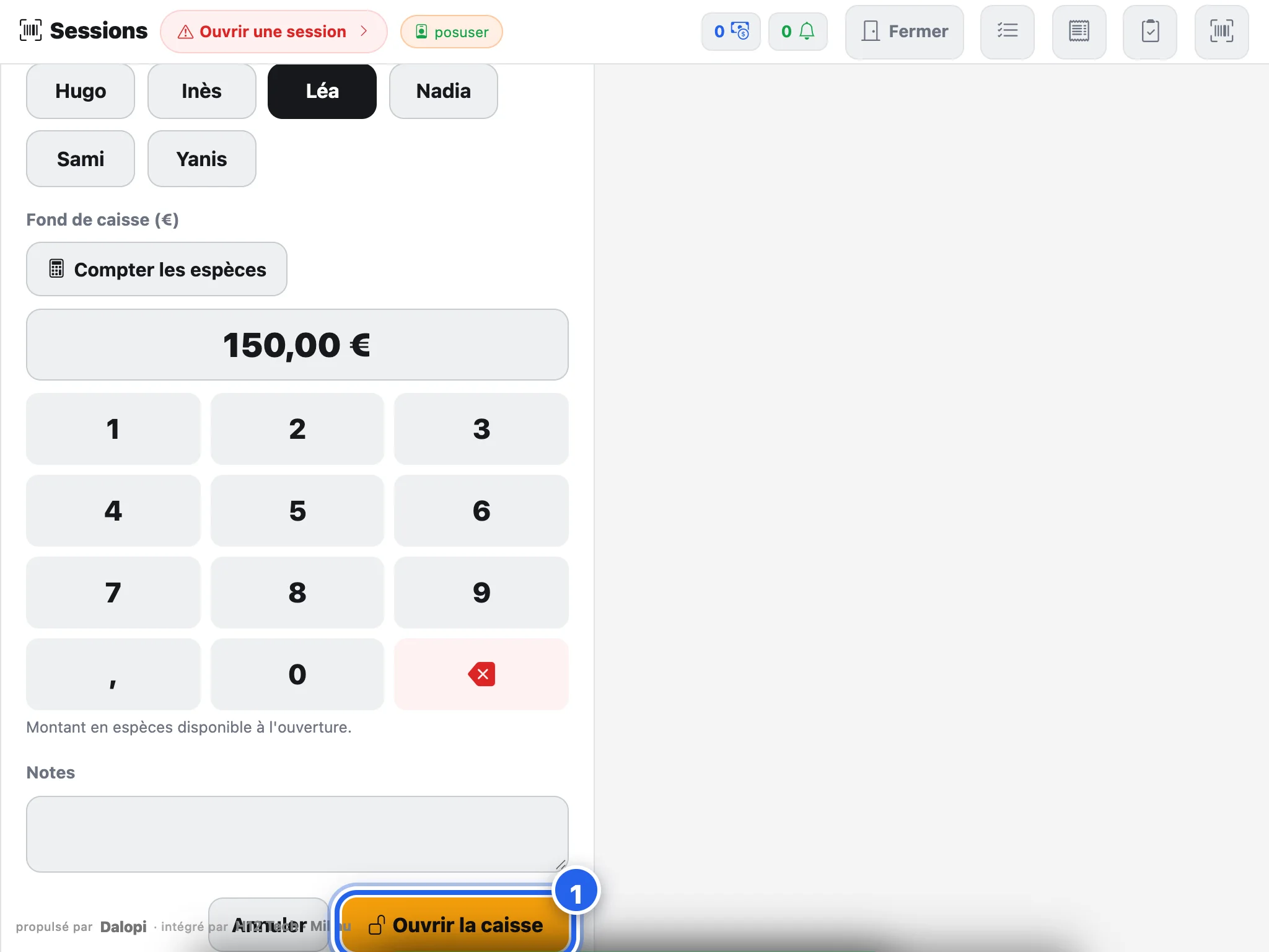 Le fond de caisse reporté, et « Ouvrir la caisse »