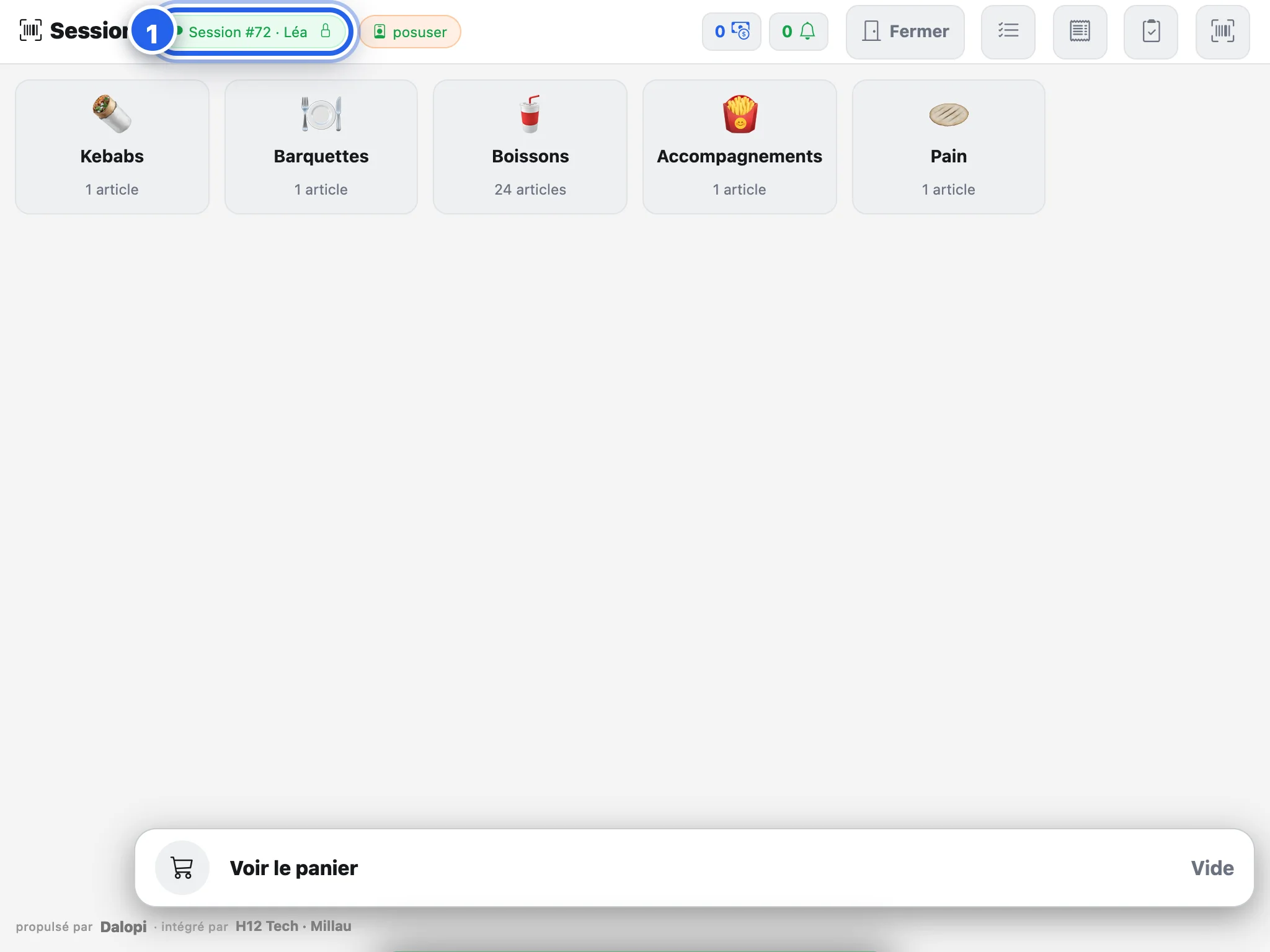 La session ouverte : le badge devient vert, avec le prénom