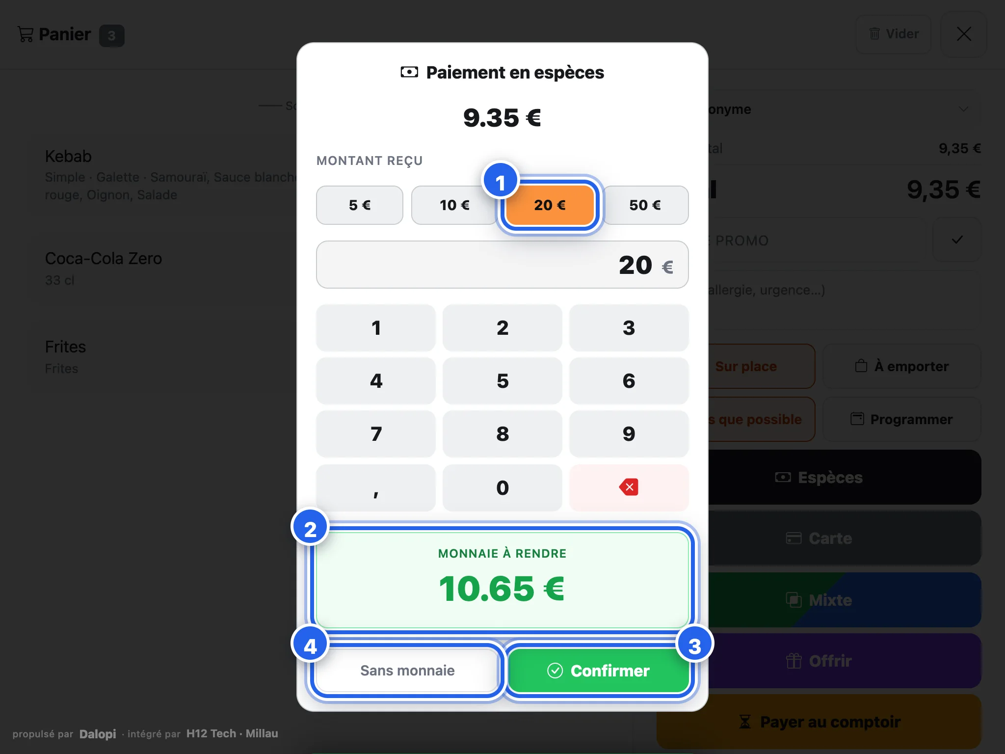 Paiement en espèces : le billet reçu et la monnaie à rendre