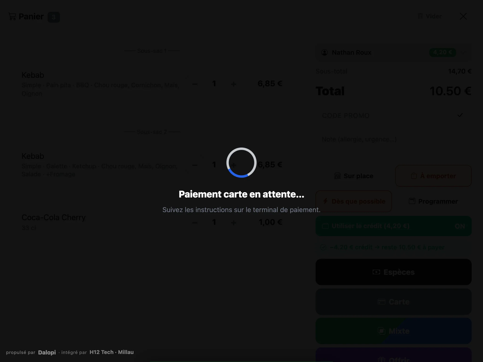 Paiement carte en attente : le client paie sur le terminal