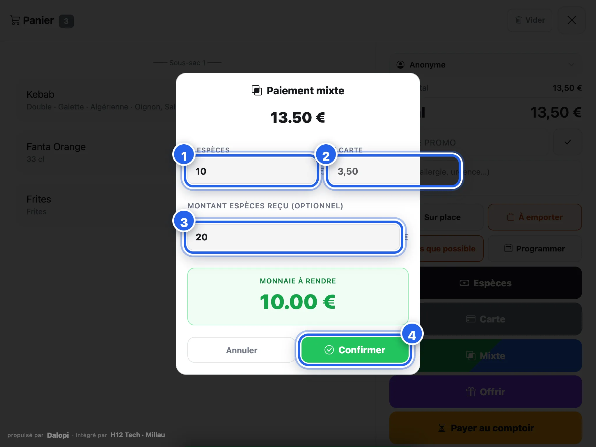 Paiement mixte : part espèces, part carte, monnaie