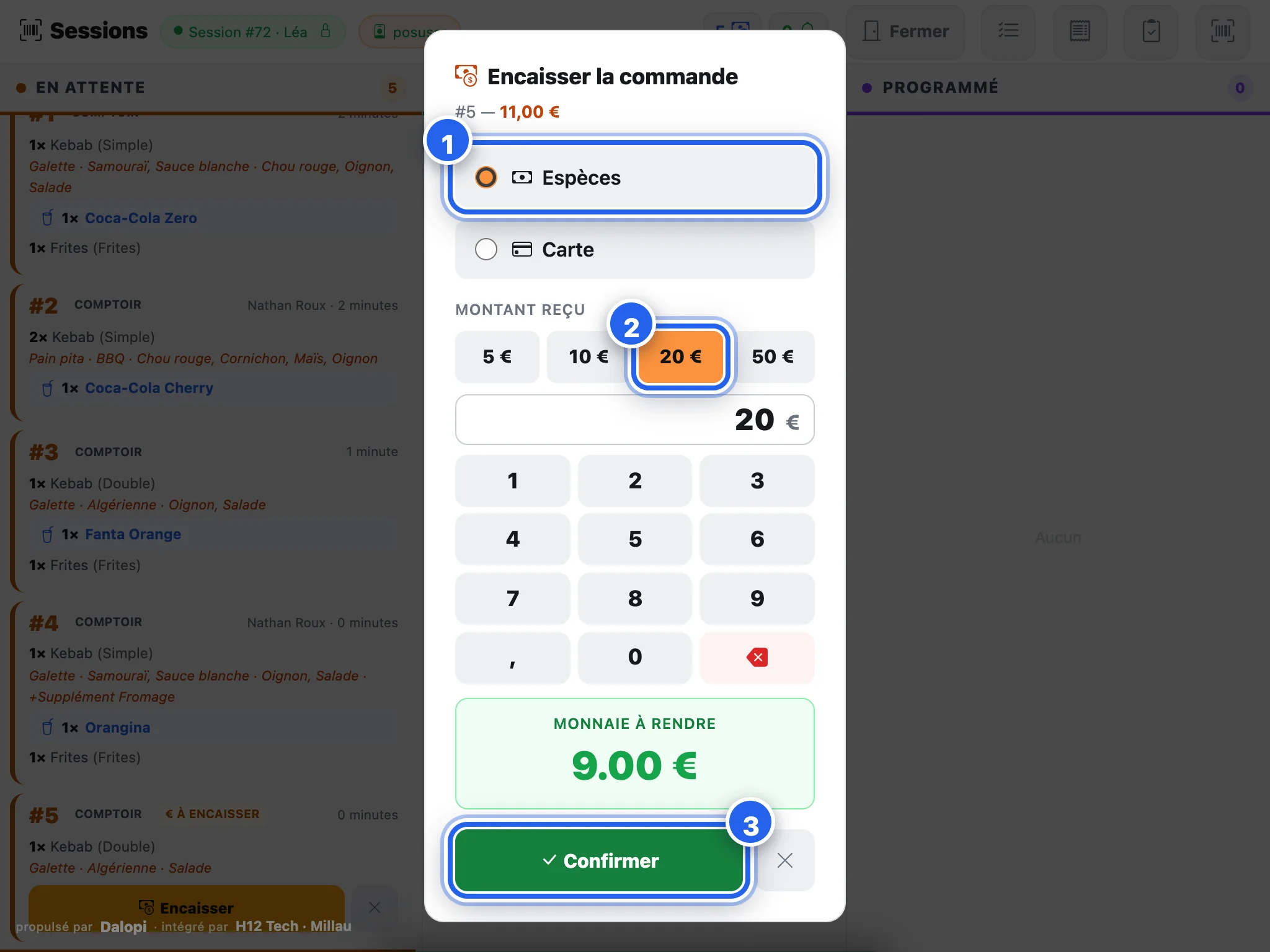 Encaisser la commande : espèces ou carte, billet reçu, confirmer