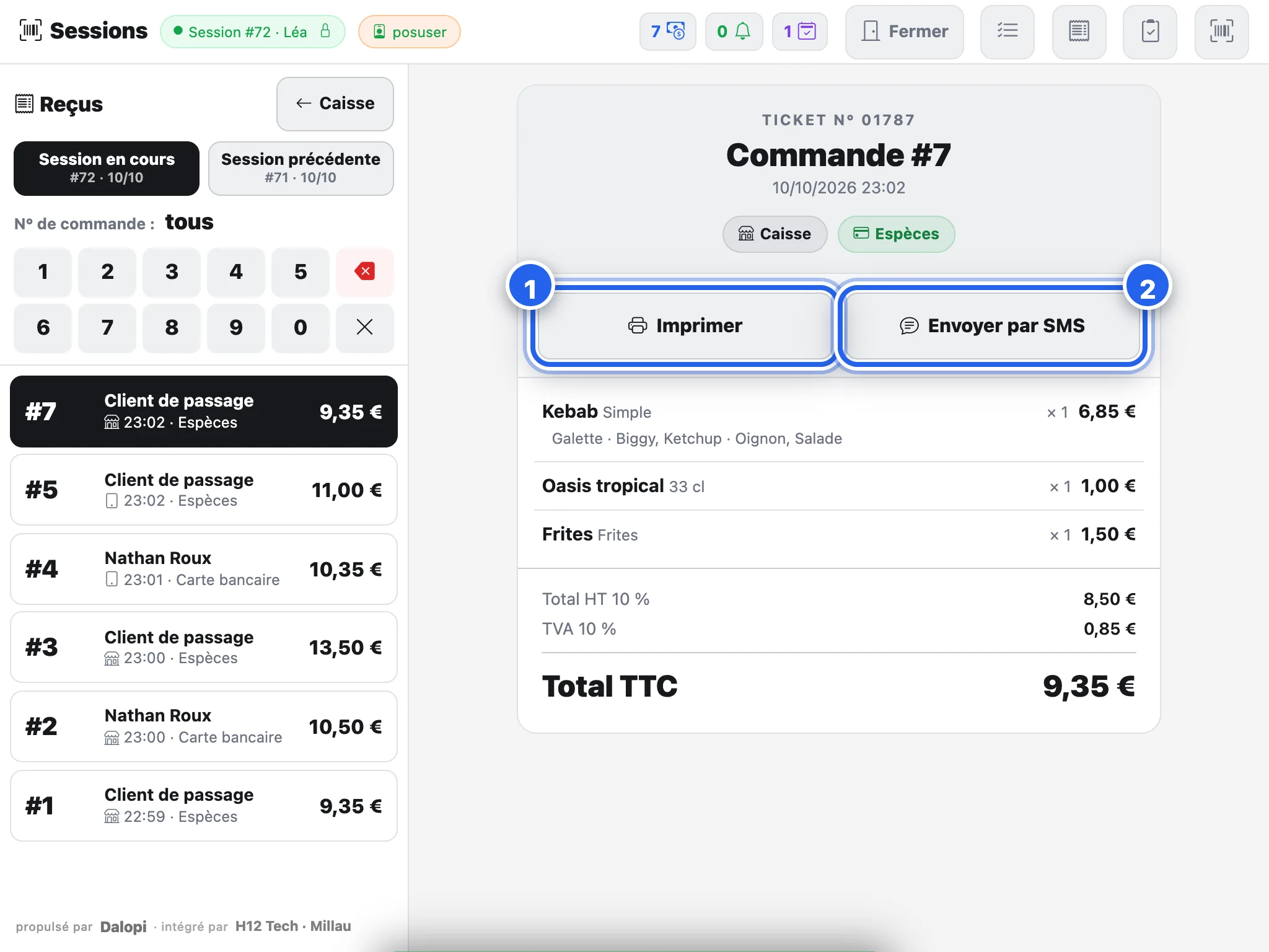 Le détail d'un reçu : réimprimer le duplicata, envoyer par SMS