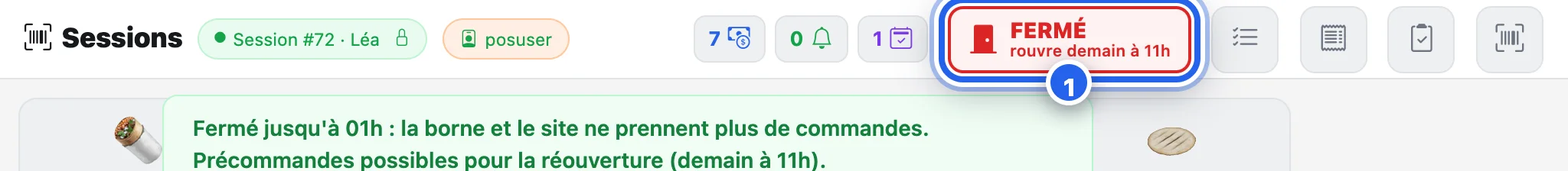 L'en-tête de la caisse : le badge rouge « Fermé »