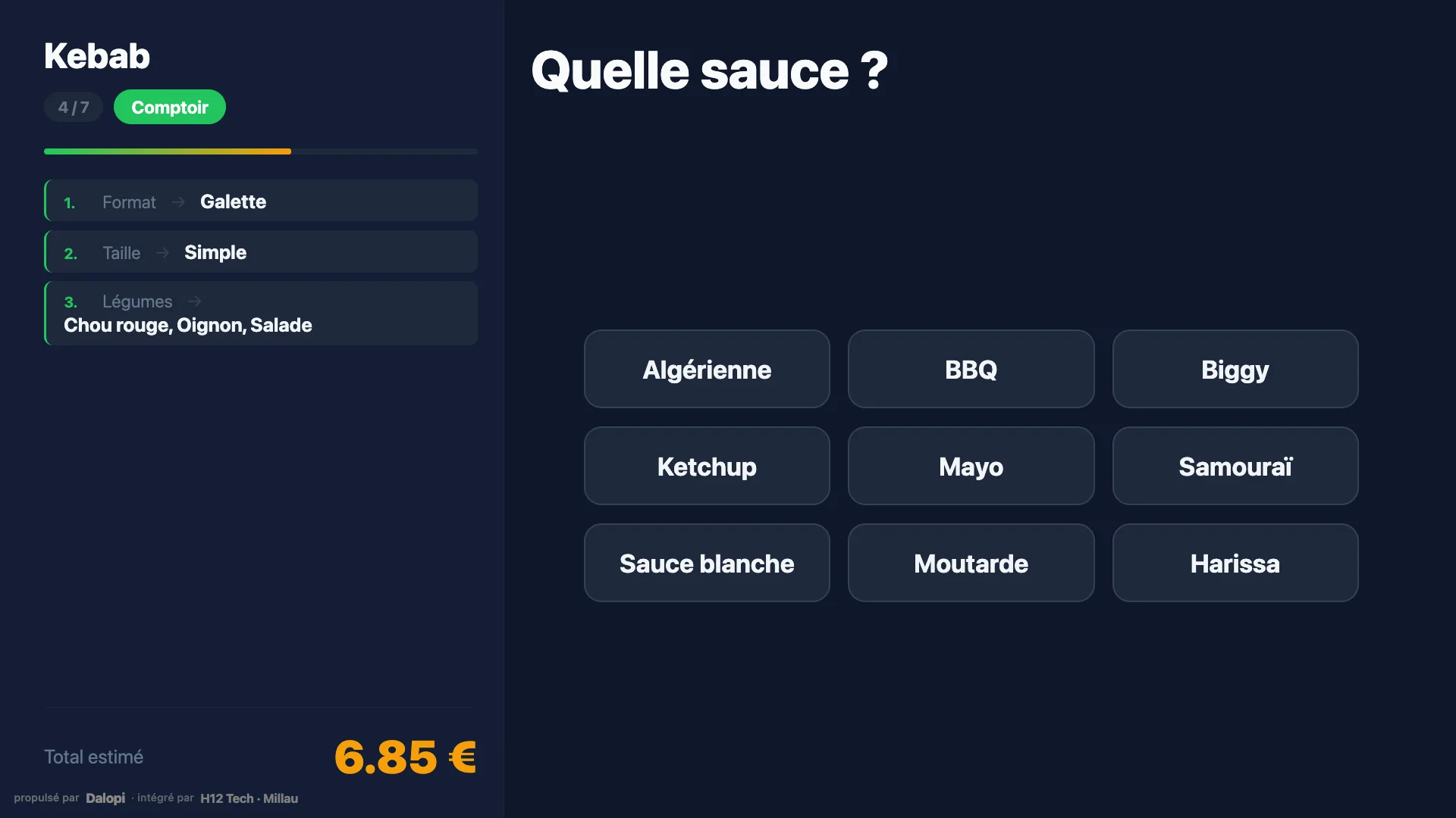 L'écran client pendant la composition : « Quelle sauce ? »