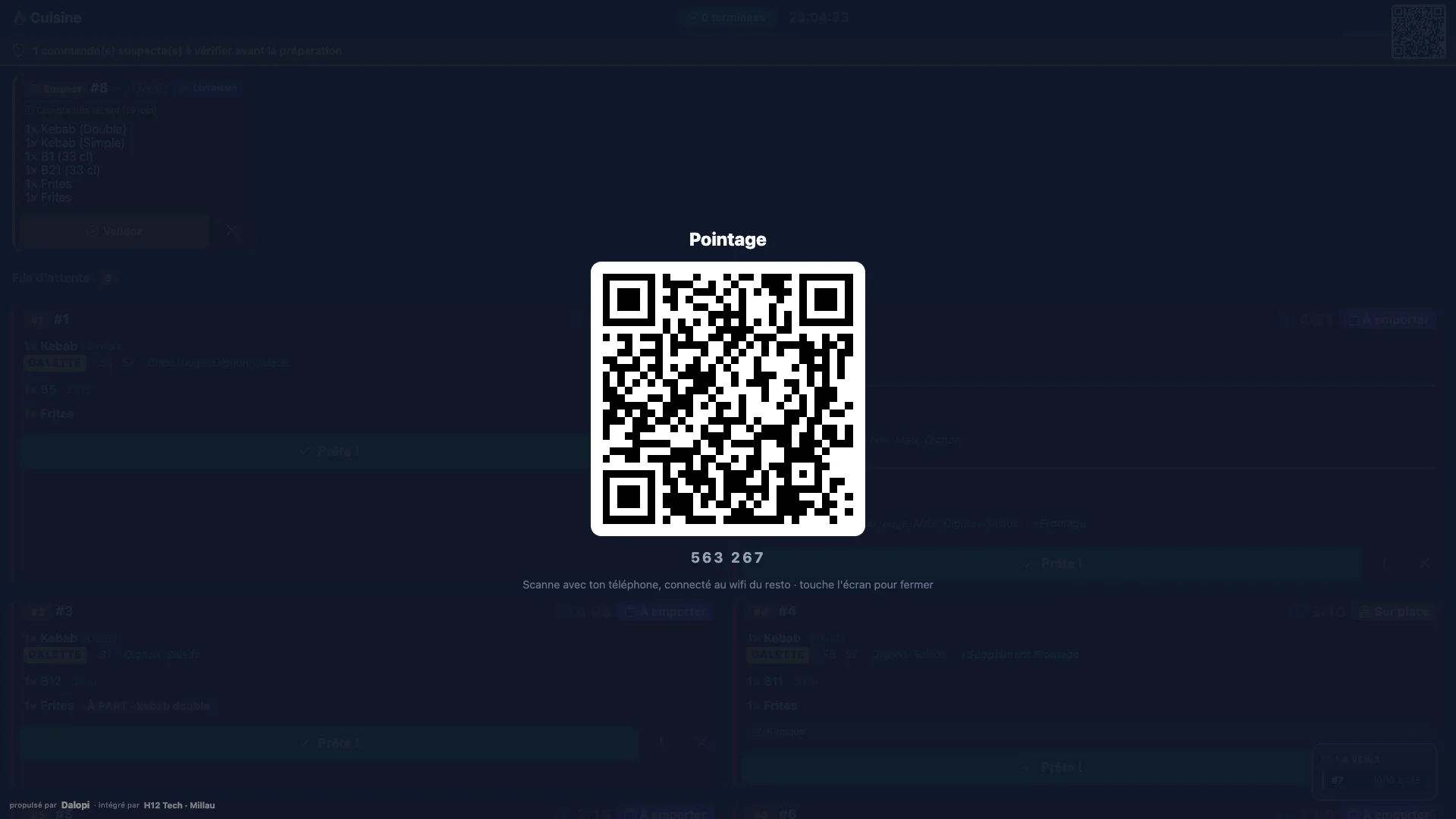 Le QR code de pointage, agrandi sur l'écran cuisine