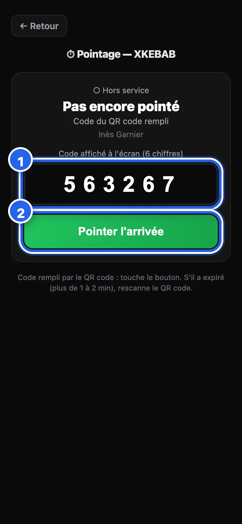 La page Pointage sur le téléphone : le code est déjà rempli