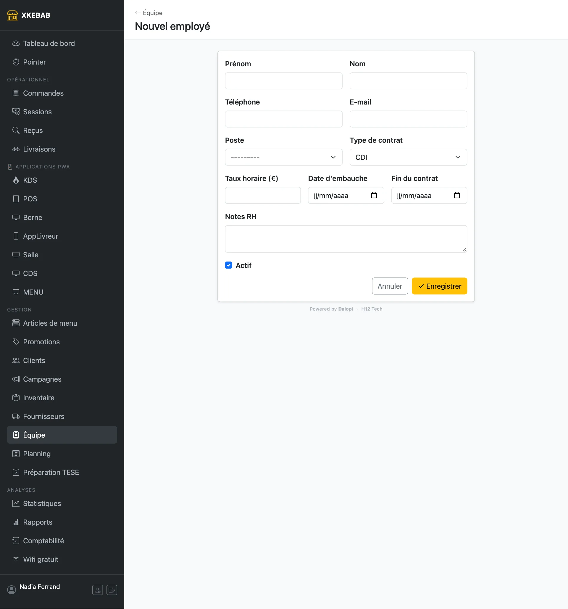 Nouvel employé : identité, poste, contrat, taux horaire, dates