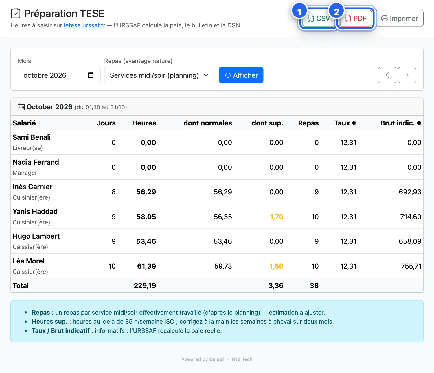 Préparation TESE : jours, heures, repas, taux et brut indicatif du mois