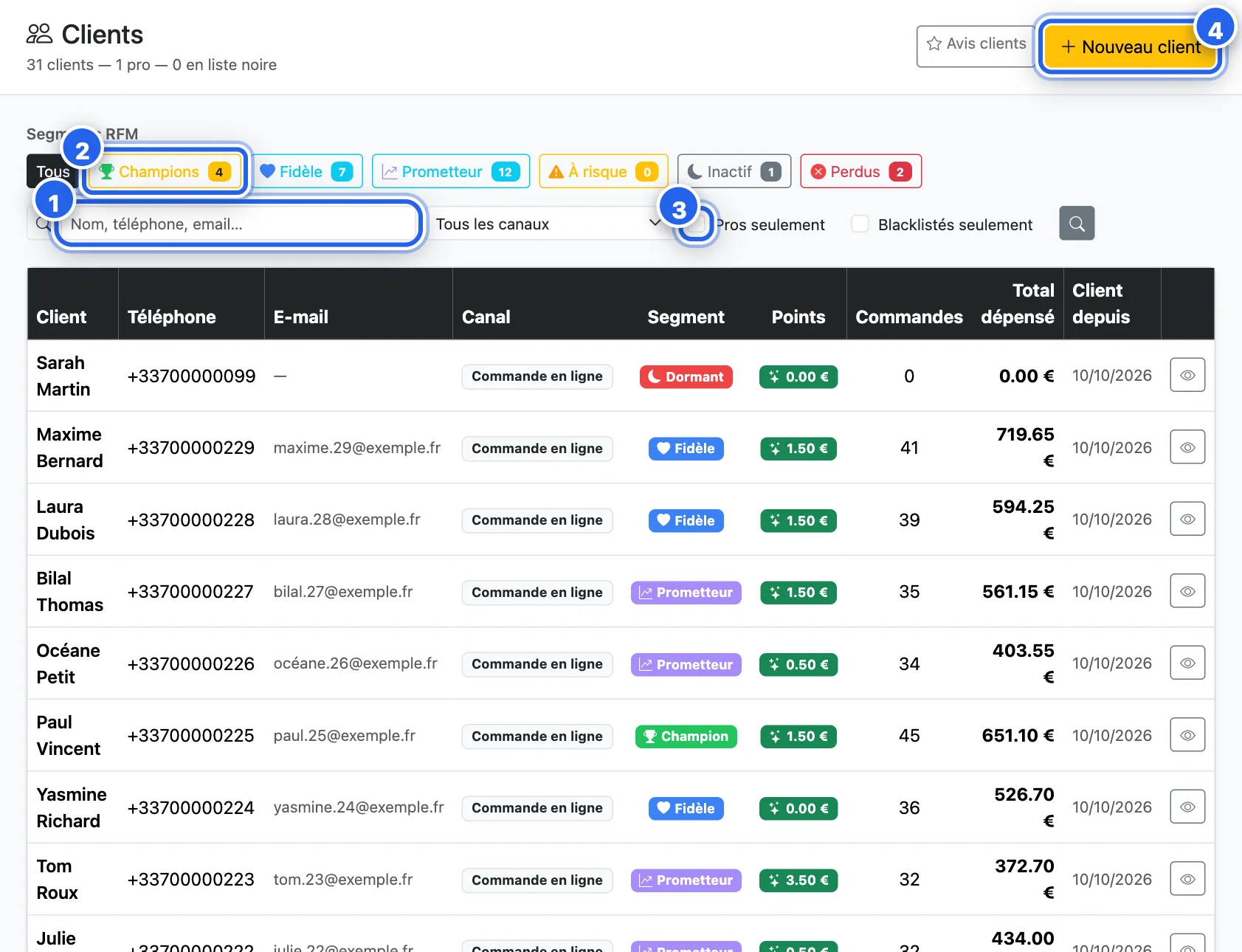 La liste des clients : recherche, segments, filtres