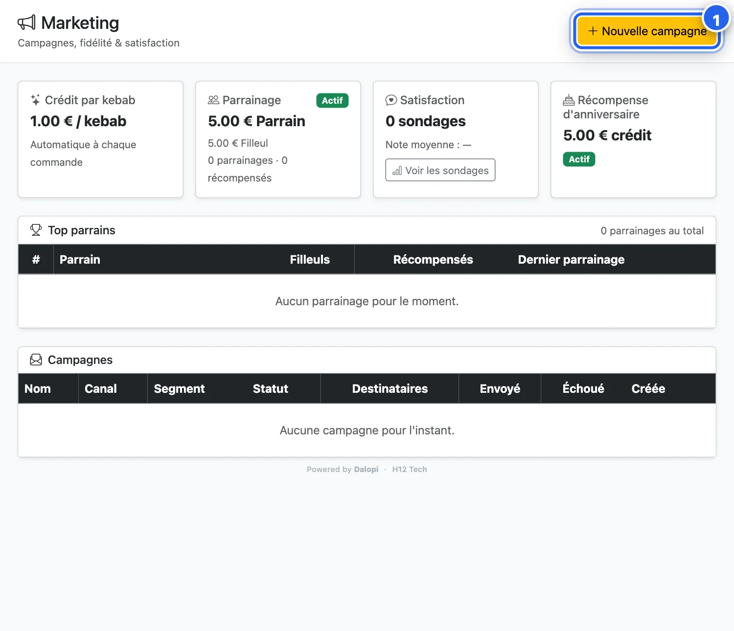 Marketing : règles de crédit, parrainage, satisfaction, anniversaires, campagnes