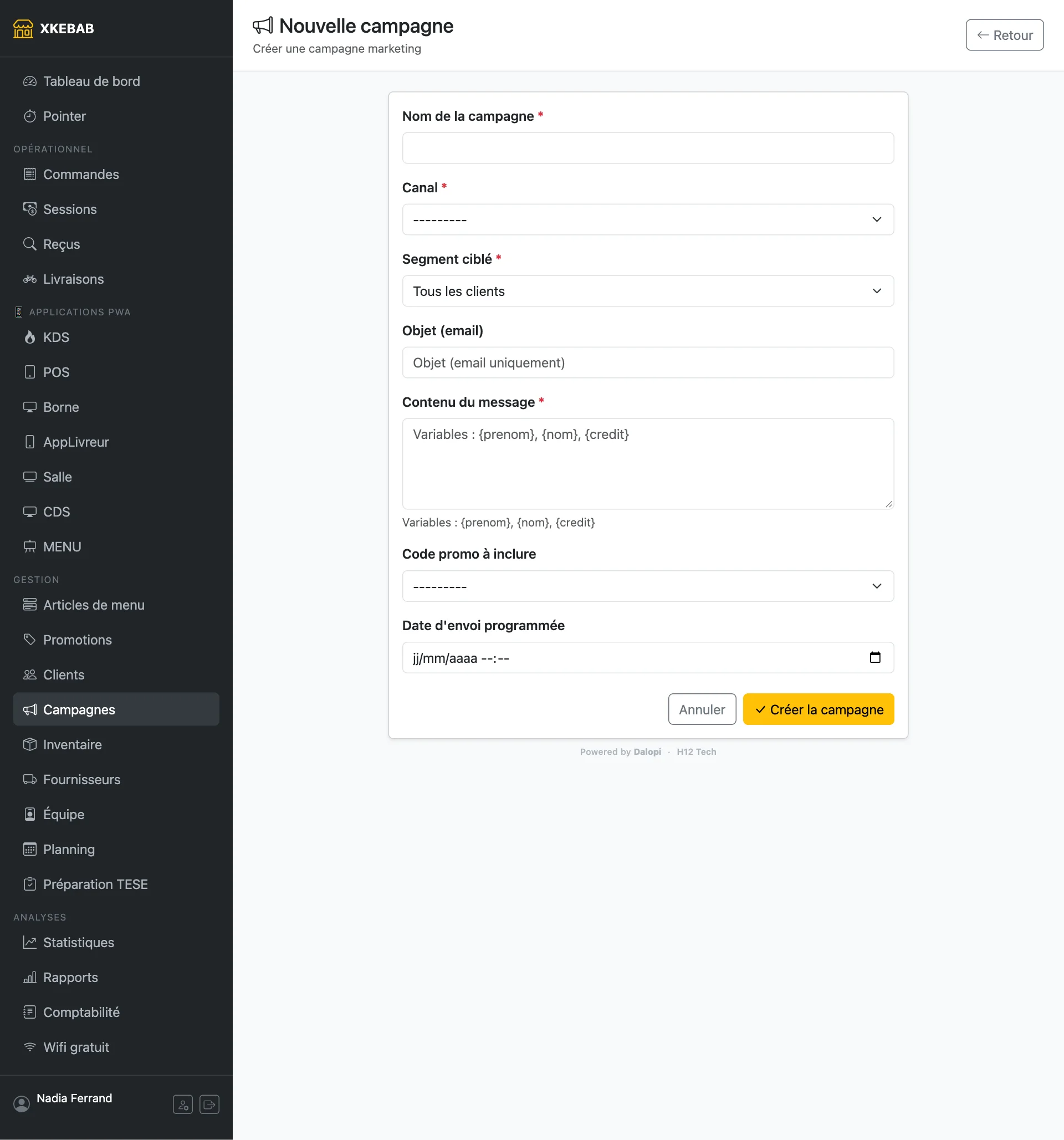 Nouvelle campagne : canal, segment, message, code promo, date d'envoi