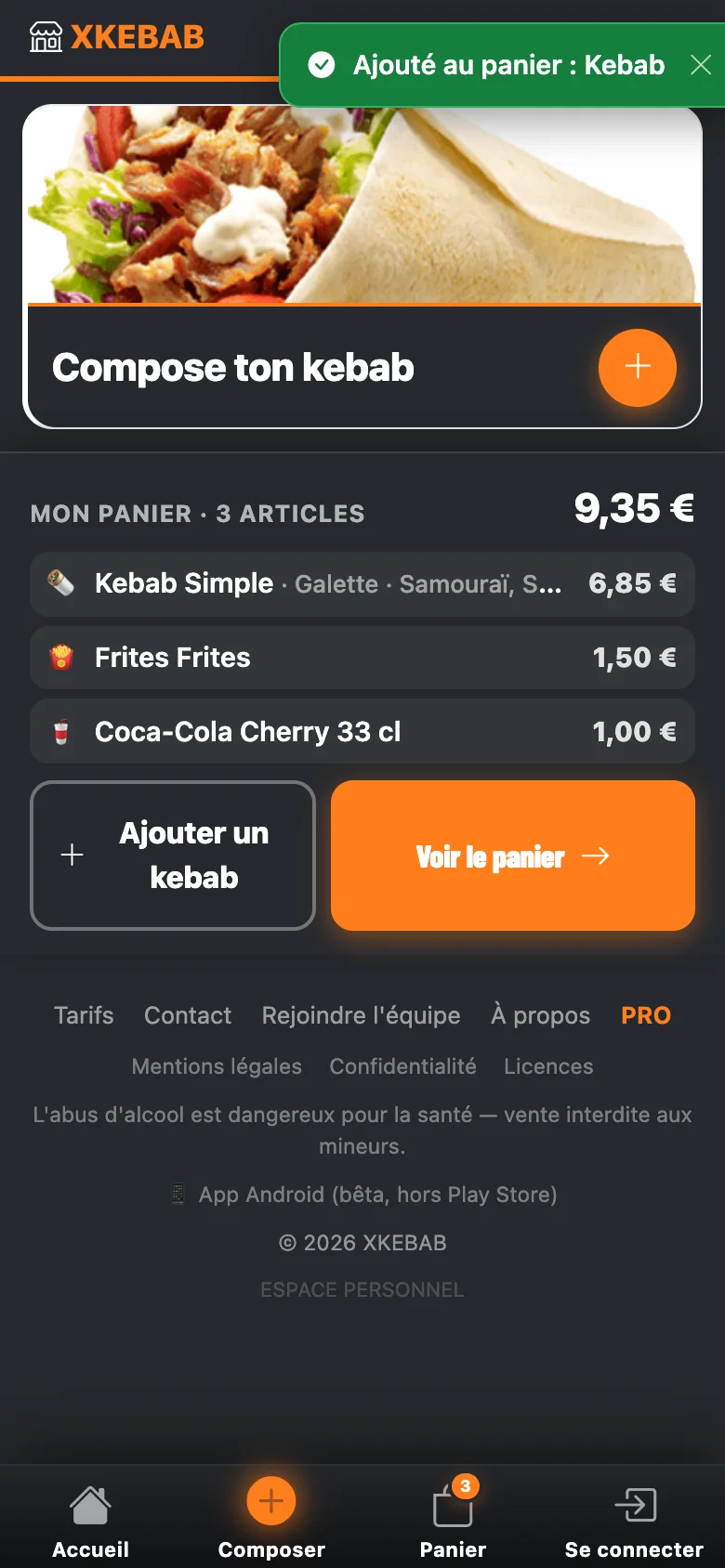 Le kebab ajouté : le résumé du panier