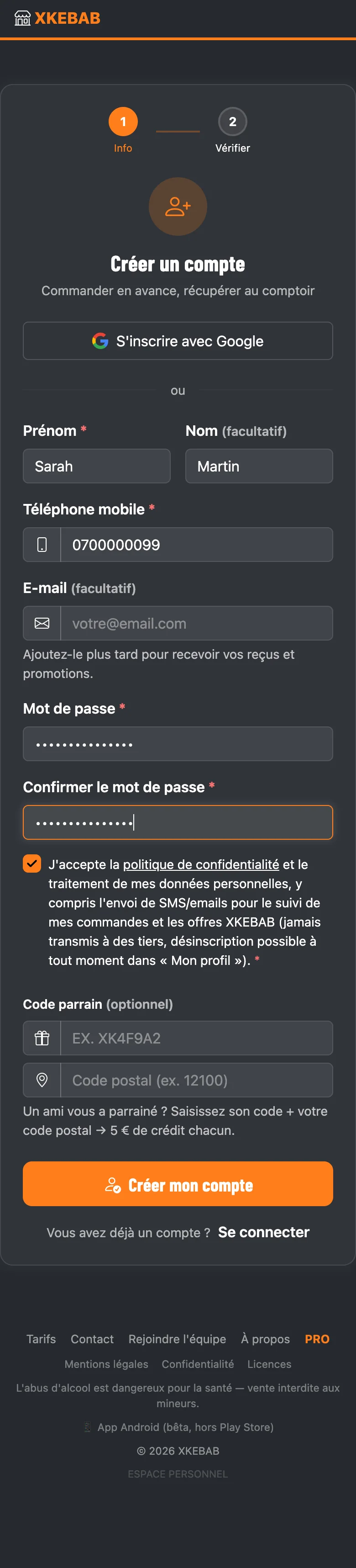 Créer un compte : prénom, téléphone, mot de passe