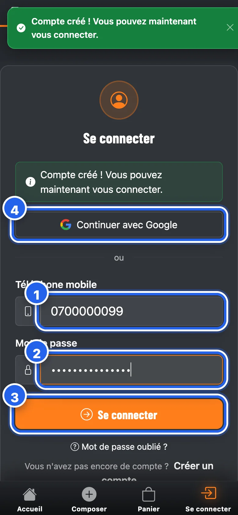 Se connecter : téléphone mobile et mot de passe, ou Google