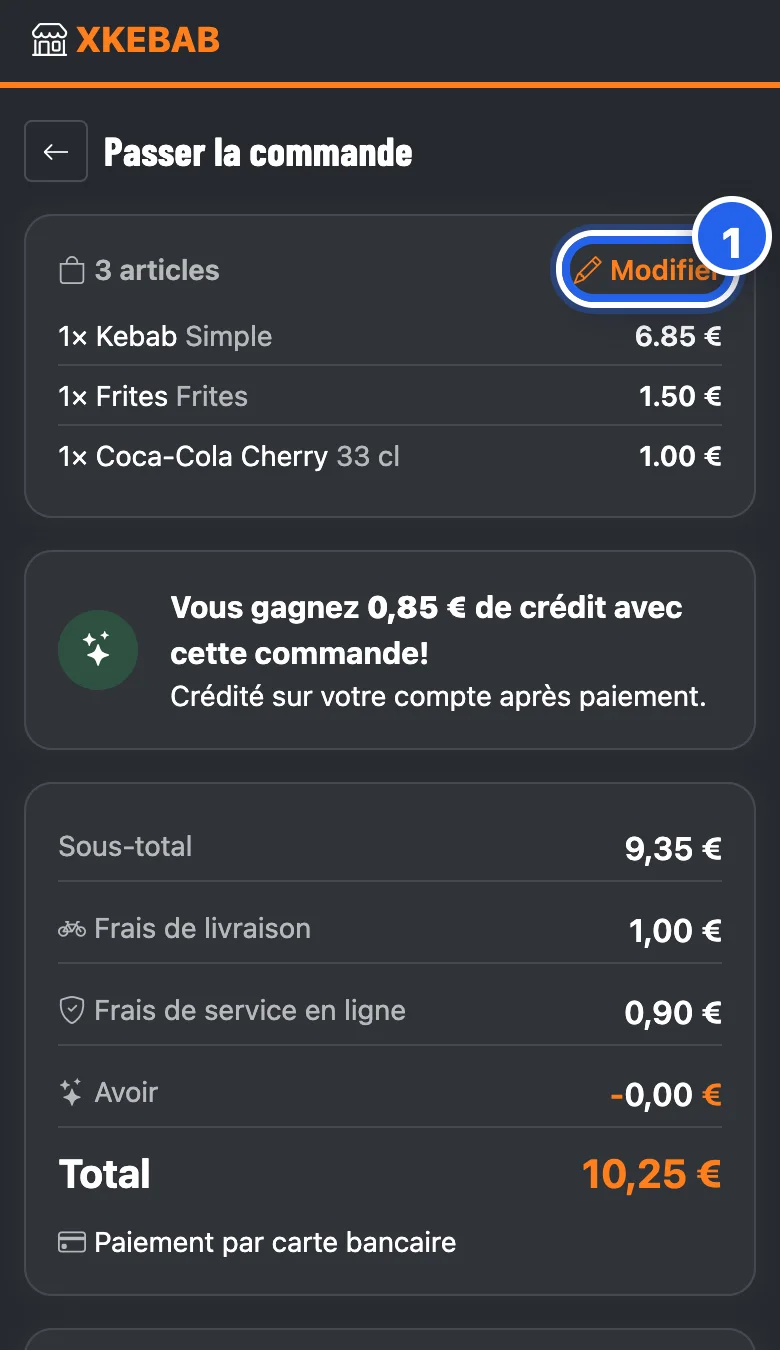 Le récapitulatif : articles, crédit à gagner, frais, total