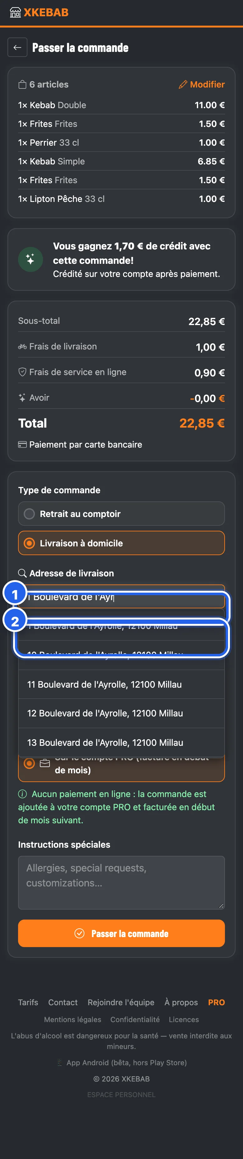 L'adresse de livraison : seules les adresses de vos zones sont proposées