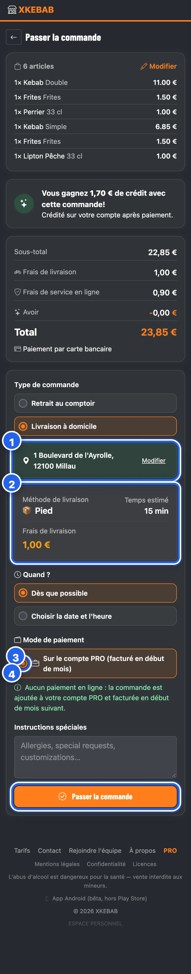 L'adresse choisie, les frais de la zone, et le paiement sur le compte PRO
