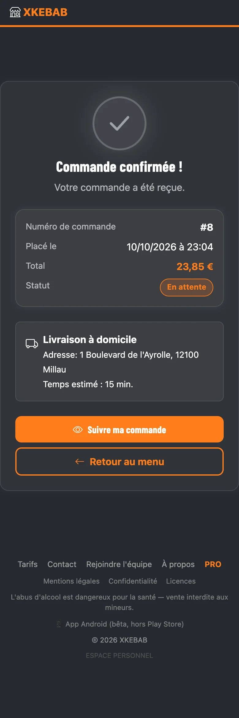 Commande confirmée : numéro, total, statut, adresse