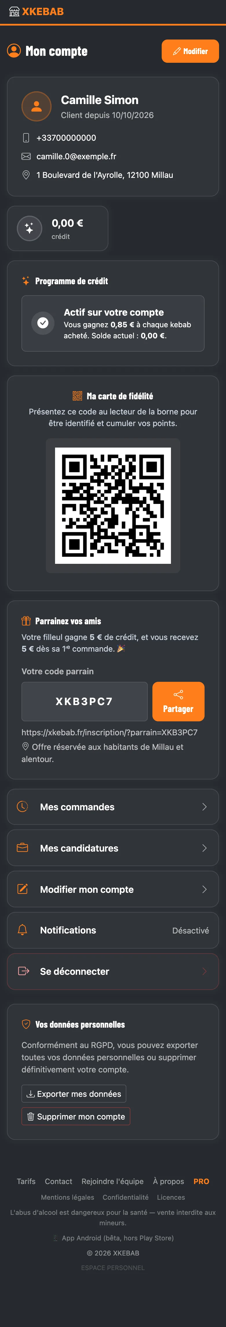 L'espace client : crédit, carte fidélité QR, parrainage, commandes, données personnelles