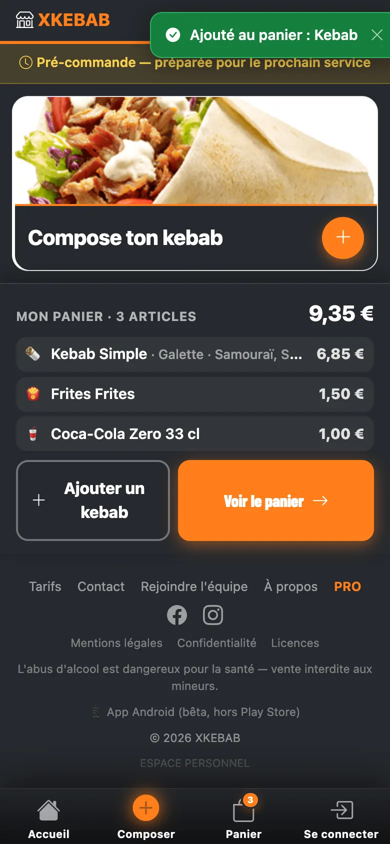 Le panier : kebab, frites et boisson au prix formule